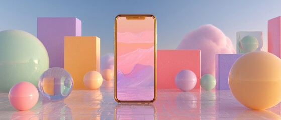 Wall Mural - modern smartphone mockup with pastel geometric shapes and abstract landscape background concept of t