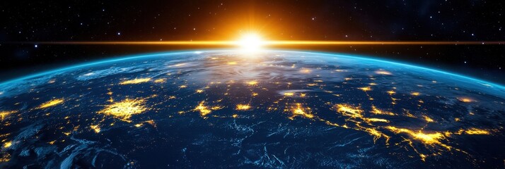 Wall Mural - Glowing Blue Planet in the Night Sky: A Stunning View of Earth with Twinkling City Lights and Celestial Beauty