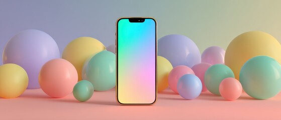 Poster - Modern smartphone with vibrant gradient screen display, surrounded by pastel colored spheres Concept of technology, design, and abstract background