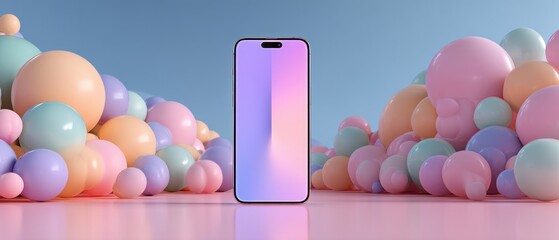 Wall Mural - modern smartphone mockup with pastel gradient screen surrounded by colorful spheres concept of techn
