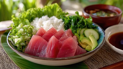 Poster - Fresh Poke Bowl With Tuna, Avocado, and Rice Served on Banana Leaf in Natural Daylight