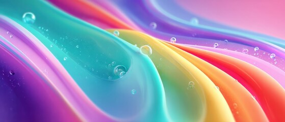 Poster - Abstract rainbow wave background with water droplets, vibrant colorful fluid texture for modern design and artistic wallpaper