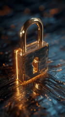 Poster - Gold padlock on dark textured surface, illuminated from within, symbolizes digital security, data protection, and online safety