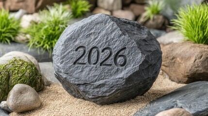 Poster - Engraved Symbol 2026 on a Smooth Stone Surface With Natural Elements in Serene Garden Setting