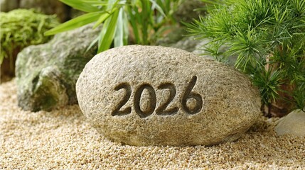 Poster - Engraved Symbol on Smooth Stone Surface With 2026 Natural Elements in Serene Setting