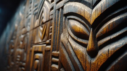 Poster - Hand Carved Tribal Wood Panel Showcasing Intricate Patterns Illuminated by Low Angle Light