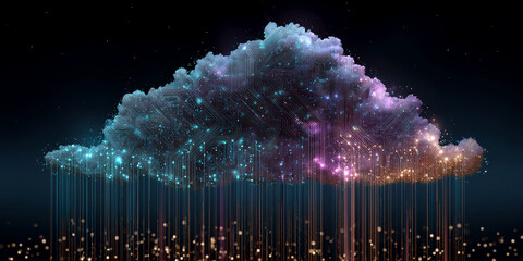Poster - cloud shaped like circuit board, glowing with teal, purple, and gold lights, symbolizing digital tec