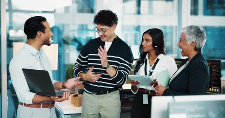 Poster - People, programmer and high five with laptop in office of programming, software solution and success. Staff, team or congratulations for server update, coding winner and celebration of app innovation