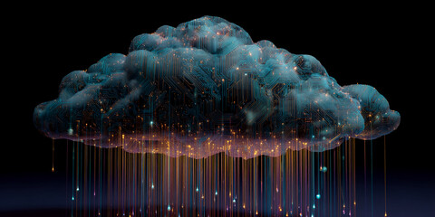 Poster - stylized cloud shaped like circuit board, glowing lines, data streams, dark background, representing