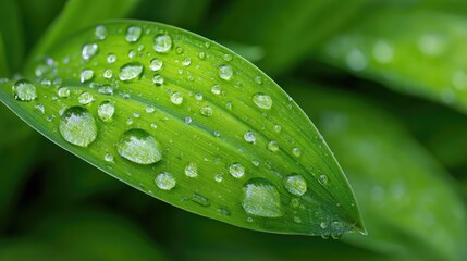 Poster - Close up View of Green Ti Leaf Surface Showcasing Dew Drops and Intricate Veins