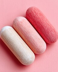 Poster - Minimalist Flat Lay of Colorful Erasers Arranged on a Simple Pink Surface Showcasing Unique Textures