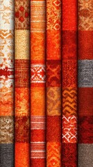Aufkleber - Ethnic Patterns Featuring Vibrant Red and Orange Fabrics Arranged in a Textural Display