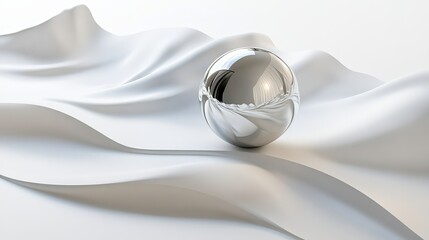 Poster - Elegant Chrome Sphere on White Draped Fabric Abstract Background Modern Minimalist Design Luxury Texture Smooth Surface Shiny Reflection Silver Ball 3D Render  