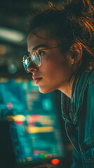 Poster - Close-up profile of young woman wearing glasses, denim jacket, looking at screen, bokeh background, conveying focus, concentration, technology