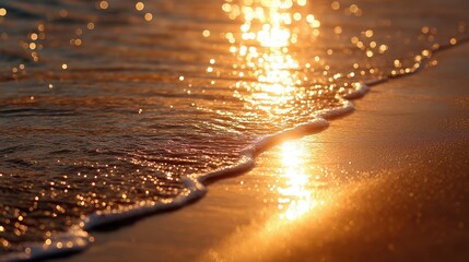 Poster - Footprints in Wet Sand Lead Toward Serene Shoreline During Golden Hour at Peaceful Beach