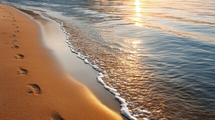 Poster - Footprints in Wet Sand Lead to a Serene Shoreline During Golden Hour