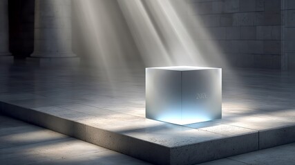 Poster - Futuristic Glowing Cube on 2026 Concrete Pedestal With Dramatic Shadows and Light Reflections