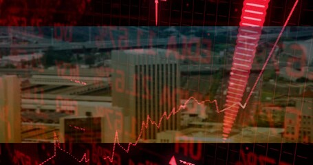 Poster - Red arrow climbing over skyscraper grid lines while numeric finance data scrolling in 3D render