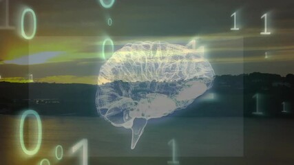 Poster - Digital 3D wireframe brain hovering over dusk landscape, floating binary digits reflecting on water