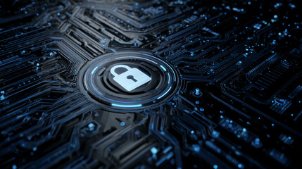 Poster - Close-up of glowing blue circuit board with a padlock icon, symbolizing digital security and data protection, ideal for tech or cybersecurity concepts