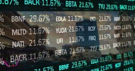 Poster - Overlaying translucent financial data across urban street, animating ticker symbols and line graphs