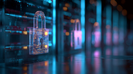 Poster - Glass padlock with code, server room background, symbolizes digital security, data protection, cyber safety