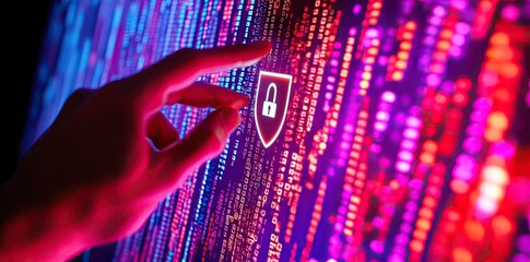 Poster - A close-up view of a hand poised over a glowing keyboard with a security shield symbol. illustrating cybersecurity themes and digital protection in a modern workspace