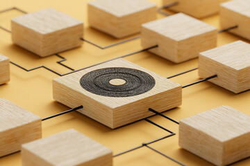 Poster - Wooden cubes connected by thin black lines, central cube features black circular design, showcasing network concept, minimalist aesthetic, ideal for technology or connection themes