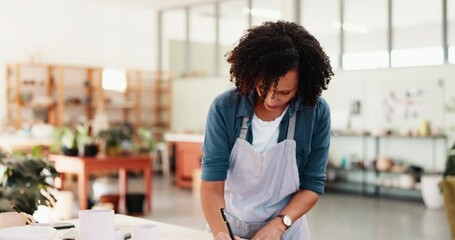 Poster - Woman, workshop and thinking with pottery, inventory and product manufacturing inspection. Ceramic manager, checklist and clay pot with stock, designer and small business or studio retail production