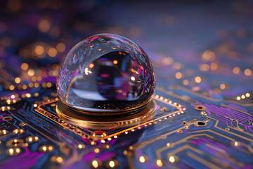 Poster - Glass sphere on gold base atop circuit board, illuminated with purple and gold accents, showcasing technology, innovation and futuristic design