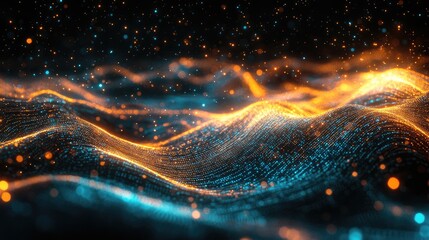 Poster - A vibrant. abstract representation of flowing waves with glowing particles. showcasing dynamic movement and color transitions in a digital landscape. ideal for tech-themed visuals