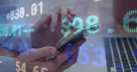 Poster - 3D render showing hands tapping smartphone while translucent financial data floating above keyboard