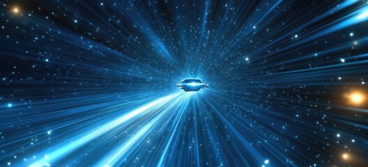 Poster - A futuristic spacecraft speeds through a starry cosmos. leaving a trail of luminous energy. while distant galaxies and nebulae create a breathtaking backdrop of cosmic wonder
