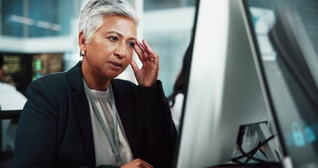 Poster - Headache, stress and mature businesswoman in office with mistake, fail or error code for web development. Burnout, migraine and female IT manager by computer for programming review in workplace.