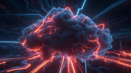 Poster - dark cloud with orange and blue neon lines, set against a dark tech background. represents digital d