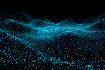 Poster - Abstract blue digital landscape, glowing points forming wavy surface, ideal for technology or futuristic designs, background or banner