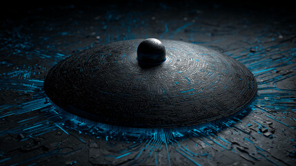 Poster - Dark disc with intricate circuitry, topped with sphere, rests on glowing blue circuit board, symbolizing technology, innovation, and futuristic concepts