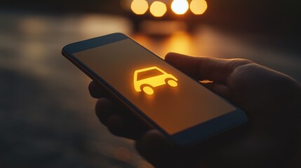 Glowing car icon on smartphone screen at night mobile app concept