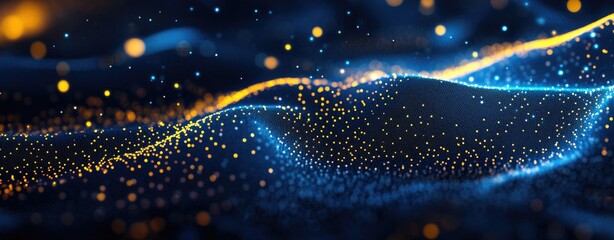 Poster - Abstract digital landscape featuring flowing waves of luminous particles in shades of blue and gold. creating a dynamic visual effect ideal for technology and innovation themes