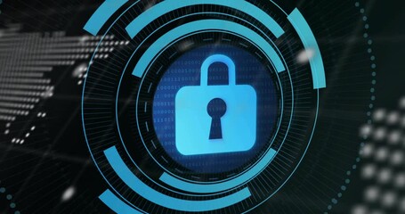 Poster - Flat design featuring blue padlock icon over flowing binary code, circular HUD and blurred text