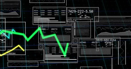 Poster - Thick neon green zigzag line rising across UI panels with thin yellow line animating teal grid