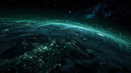 Poster - night view of earth from space, showcasing glowing lines representing global connections, symbolizin
