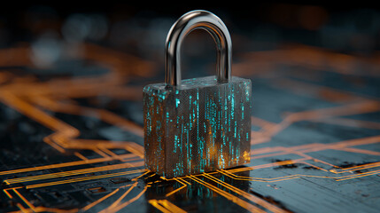 Poster - cybersecurity padlock on circuit board, glowing teal data code, symbolizing digital protection and d
