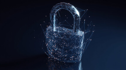 Poster - abstract padlock, glowing lines and nodes, dark blue background, symbolizes digital security, networ