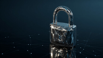 Poster - metallic padlock, low-poly style, sits on dark reflective surface with subtle network graphic, symbo