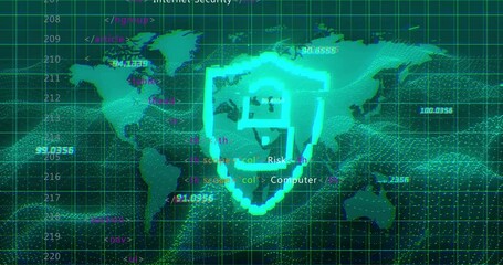 Poster - Pixel-art shield icon being animated over world map with neon grid, code snippets and data clusters