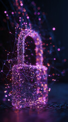 Poster - abstract padlock formed by glowing purple and orange lines and nodes, set against a dark background,