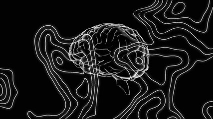 Poster - Translucent brain model glowing in digital void, weaving undulating neon contour lines around