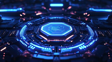 Poster - A futuristic. abstract close-up of a hexagonal digital circuit board with glowing blue elements. showcasing advanced technology and intricate patterns in a cybernetic environment