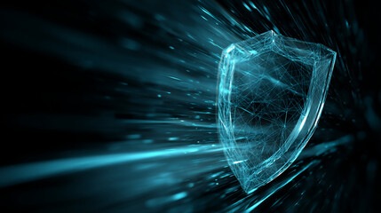 Poster - abstract cyan shield composed of lines and nodes, speeding through a dark background, symbolizing di